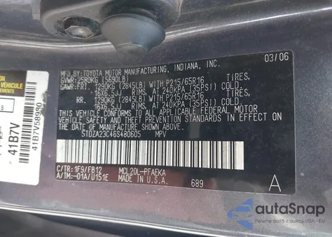 2006 Toyota Sienna Ce z USA, uszkodzony, nr VIN 5TDZA23C46S480605